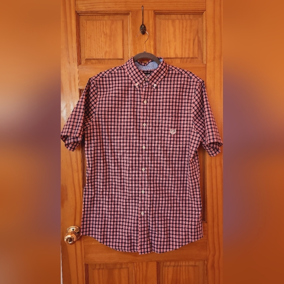 CHAPS MENS EASY CARE PINK CHECKERED SHORT SLEEVES CASUAL DRESS SHIRT  MEDIUM M - Picture 1 of 7